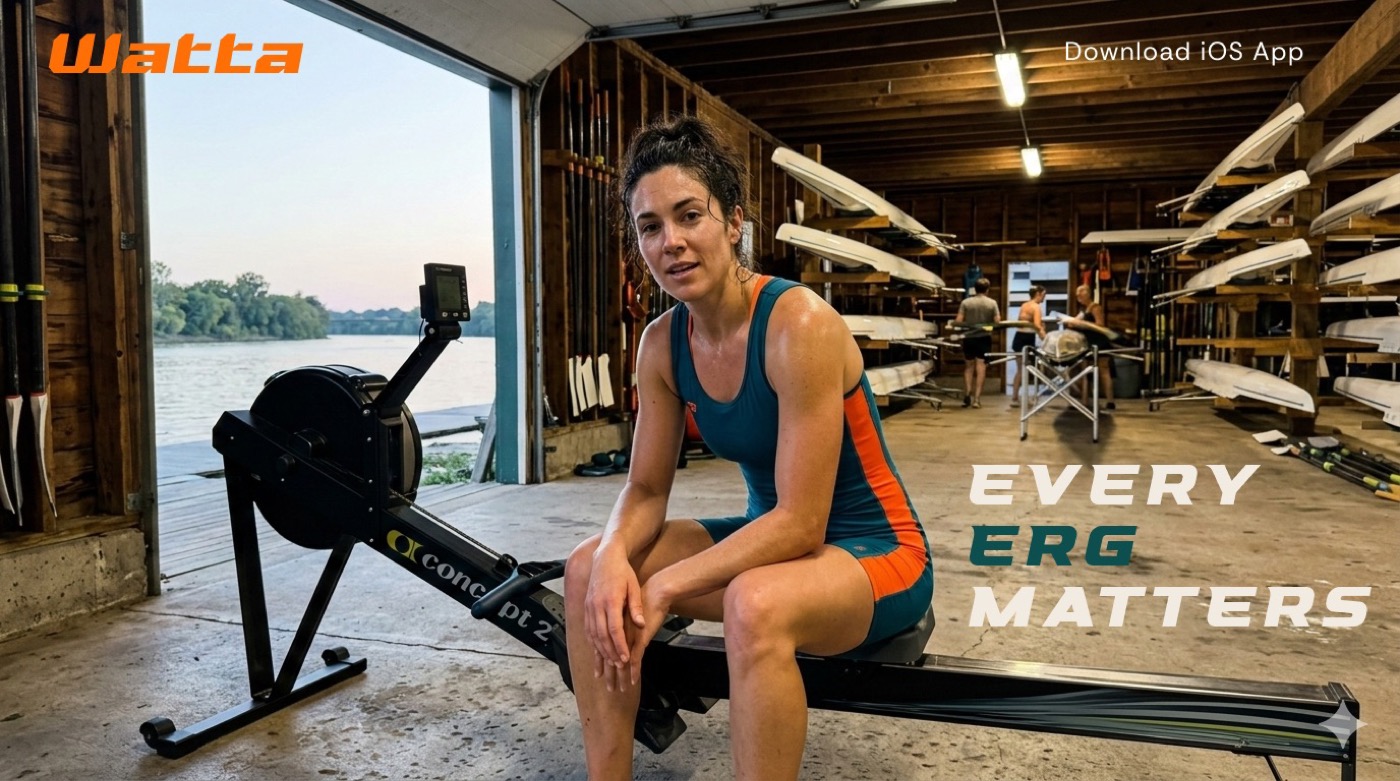 Rower sitting on a Concept2 ergometer in a boathouse — Every Erg Matters